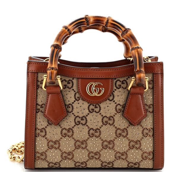 Gucci Diana NM Bamboo Handle Tote Crystal Embellished GG Canvas Mini Brown - Picture 1 of 6